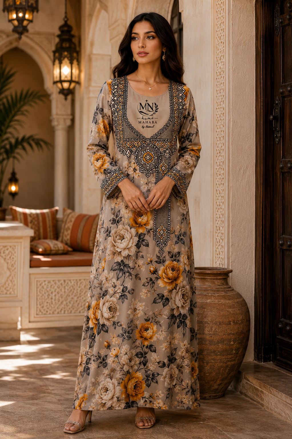 Harir001 beige floral printed long dress with ornate black and gold detailing