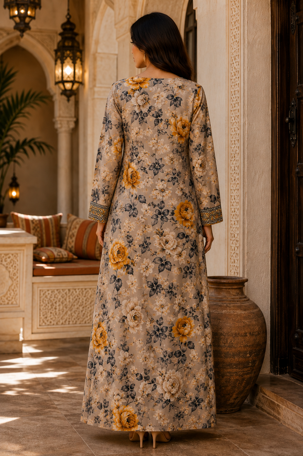 Unstitched Beige Floral Black & Gold Mukhawar - Image 3