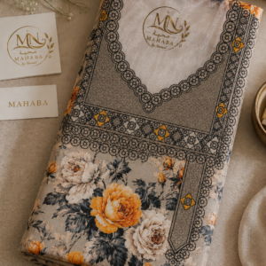 Unstitched Beige Floral Black & Gold Mukhawar
