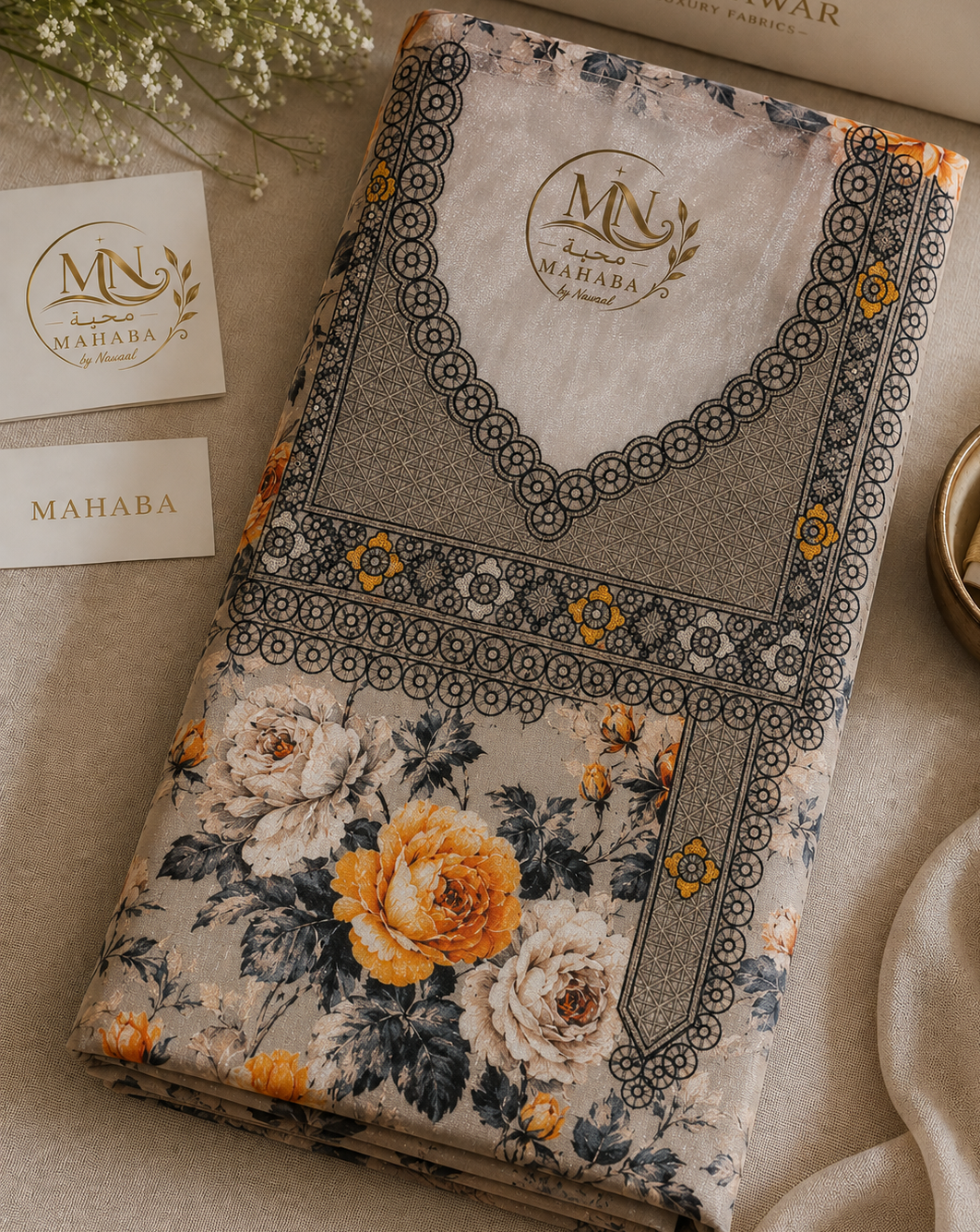 Unstitched Beige Floral Black & Gold Mukhawar
