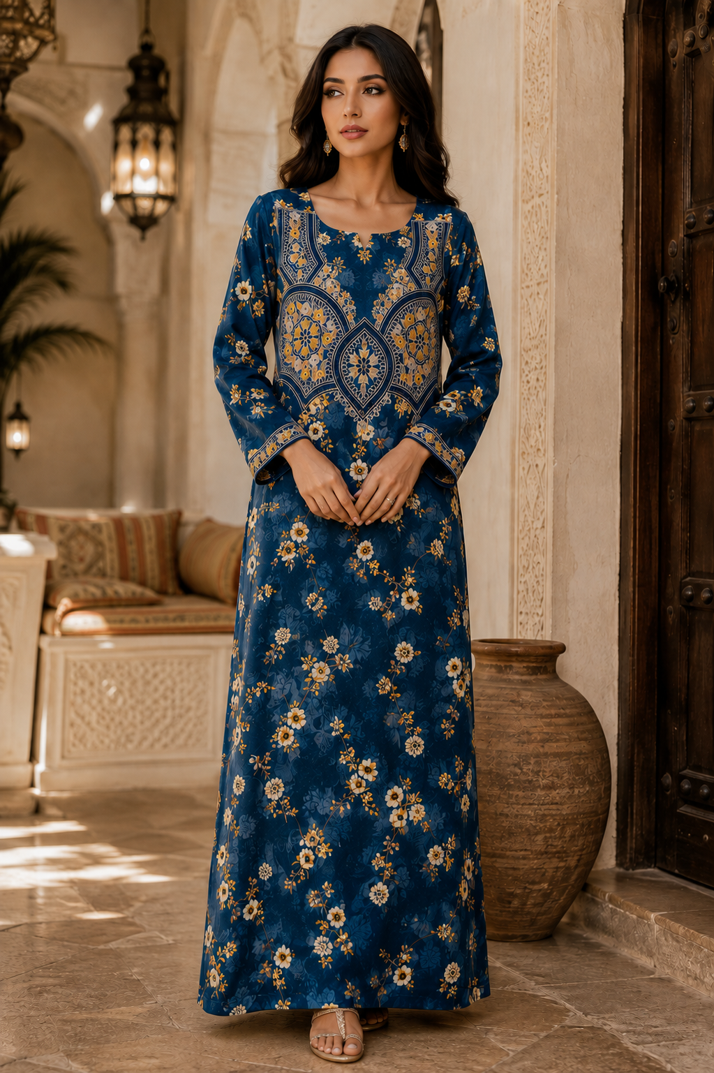 Navy blue floral unstitched Jacquard Mukhawar with intricate gold and beige ornamental neckline and cuffs