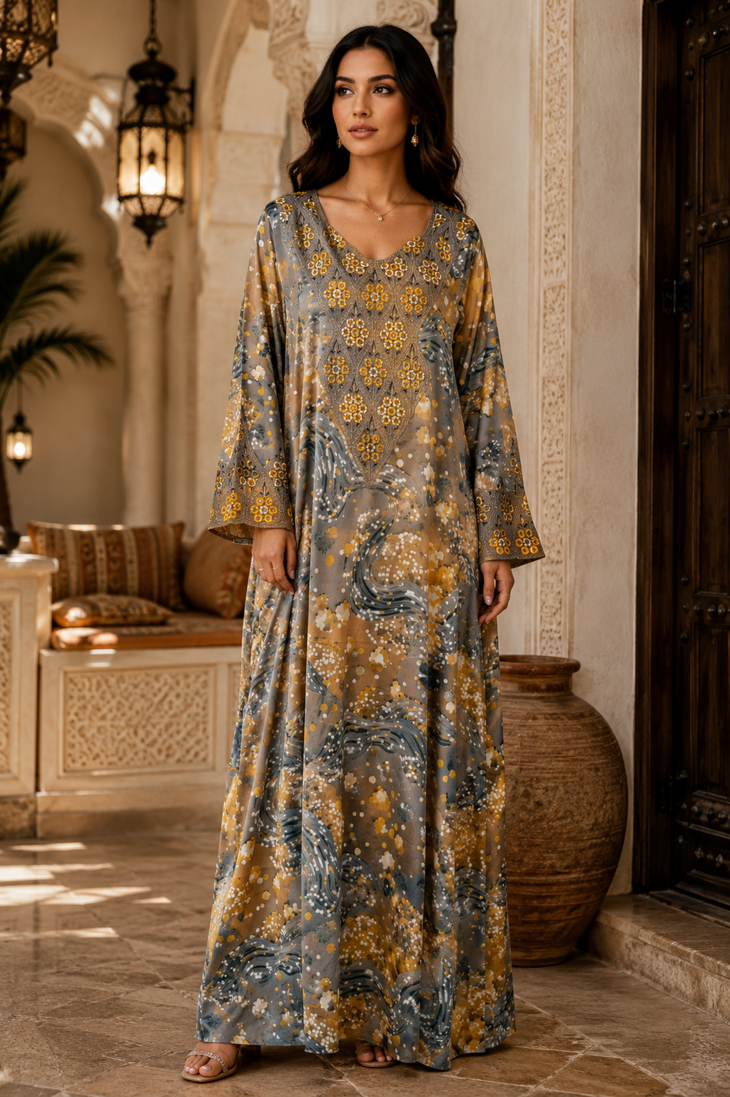 Grey and gold Harir Mukhawar with floral embroidery and abstract wave print