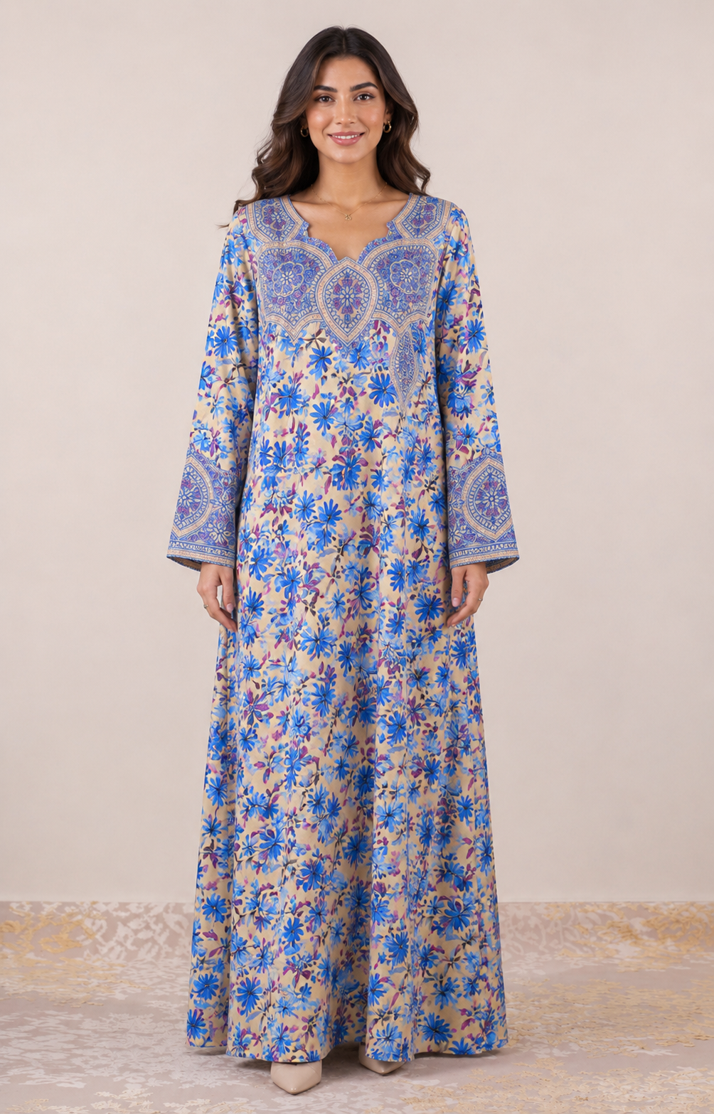 Blue floral unstitched Jacquard Mukhawar with intricate blue ornamental neckline and embroidered cuffs