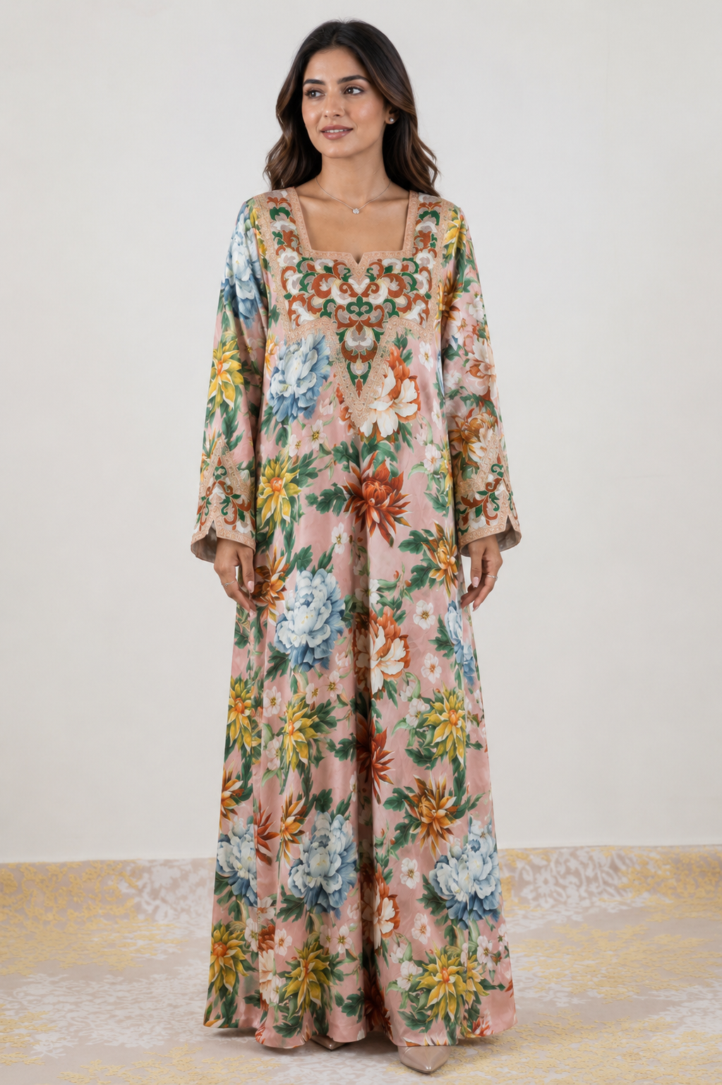 Pink floral unstitched Jacquard Mukhawar with multicolor flowers and ornate embroidered neckline and cuffs