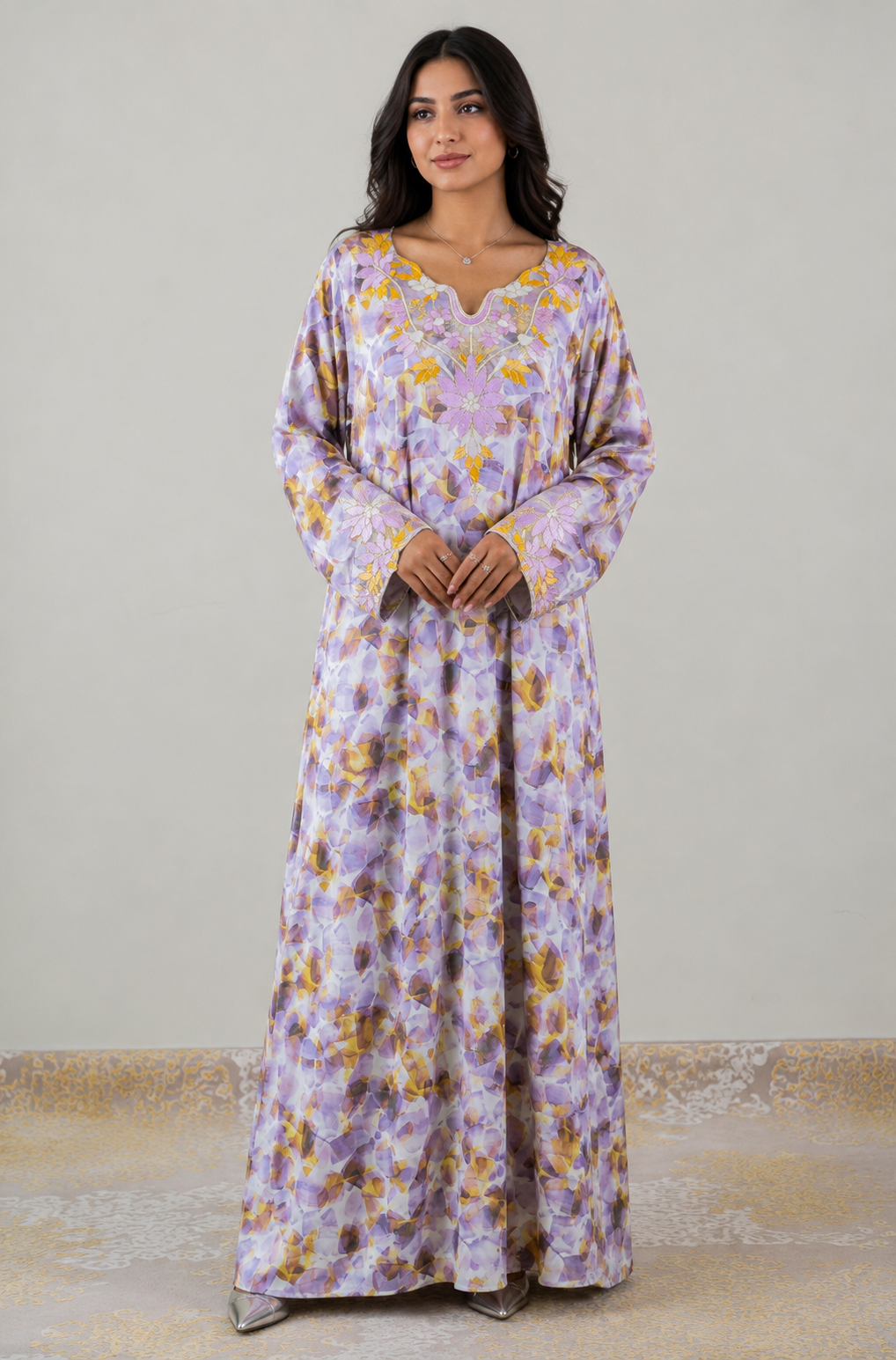 Lavender and yellow floral Harir Mukhawar with embroidered neckline and cuffs