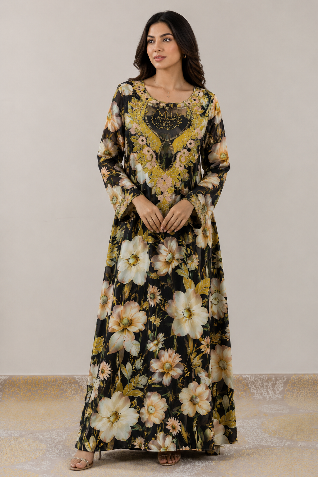 Black floral unstitched Jacquard Mukhawar with cream flowers and gold embroidered neckline and cuffs