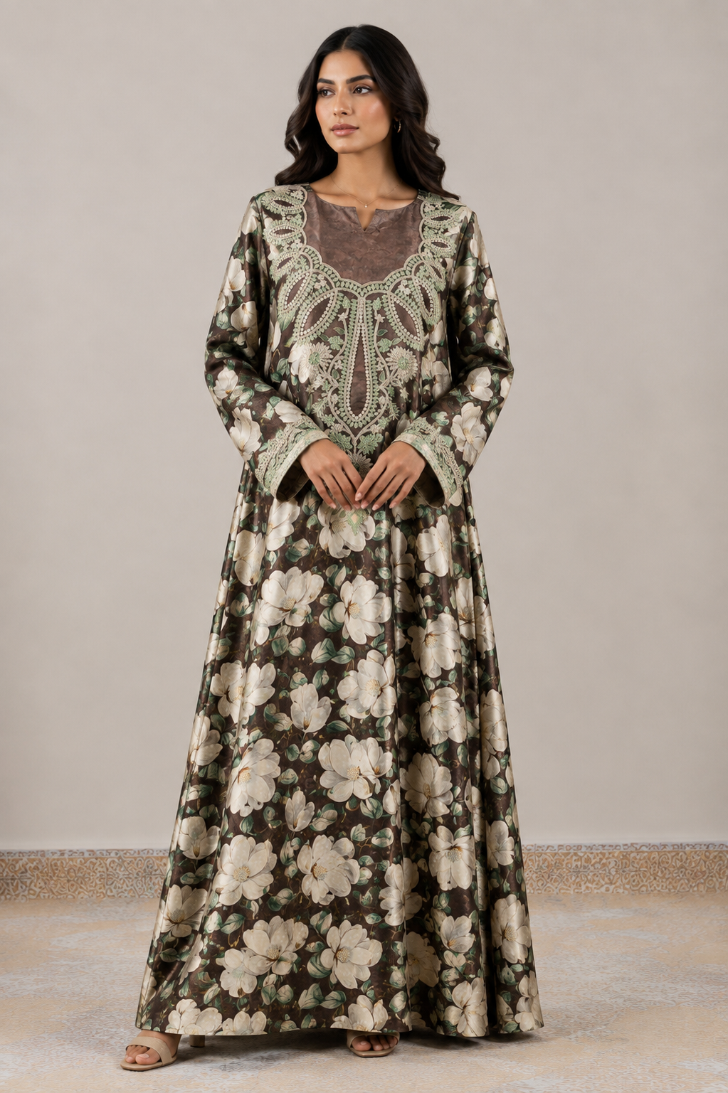 Brown floral unstitched Jacquard Mukhawar with ivory flowers and intricate sage green embroidered neckline and cuffs