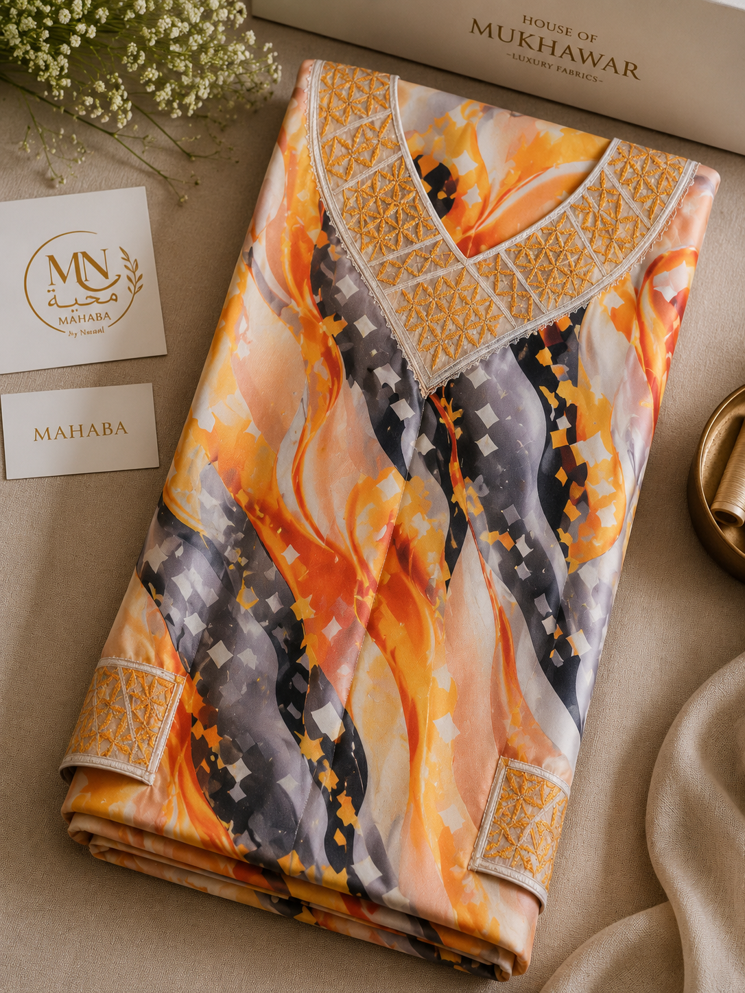 Unstitched abstract printed Harir Mukhawar with embroidered