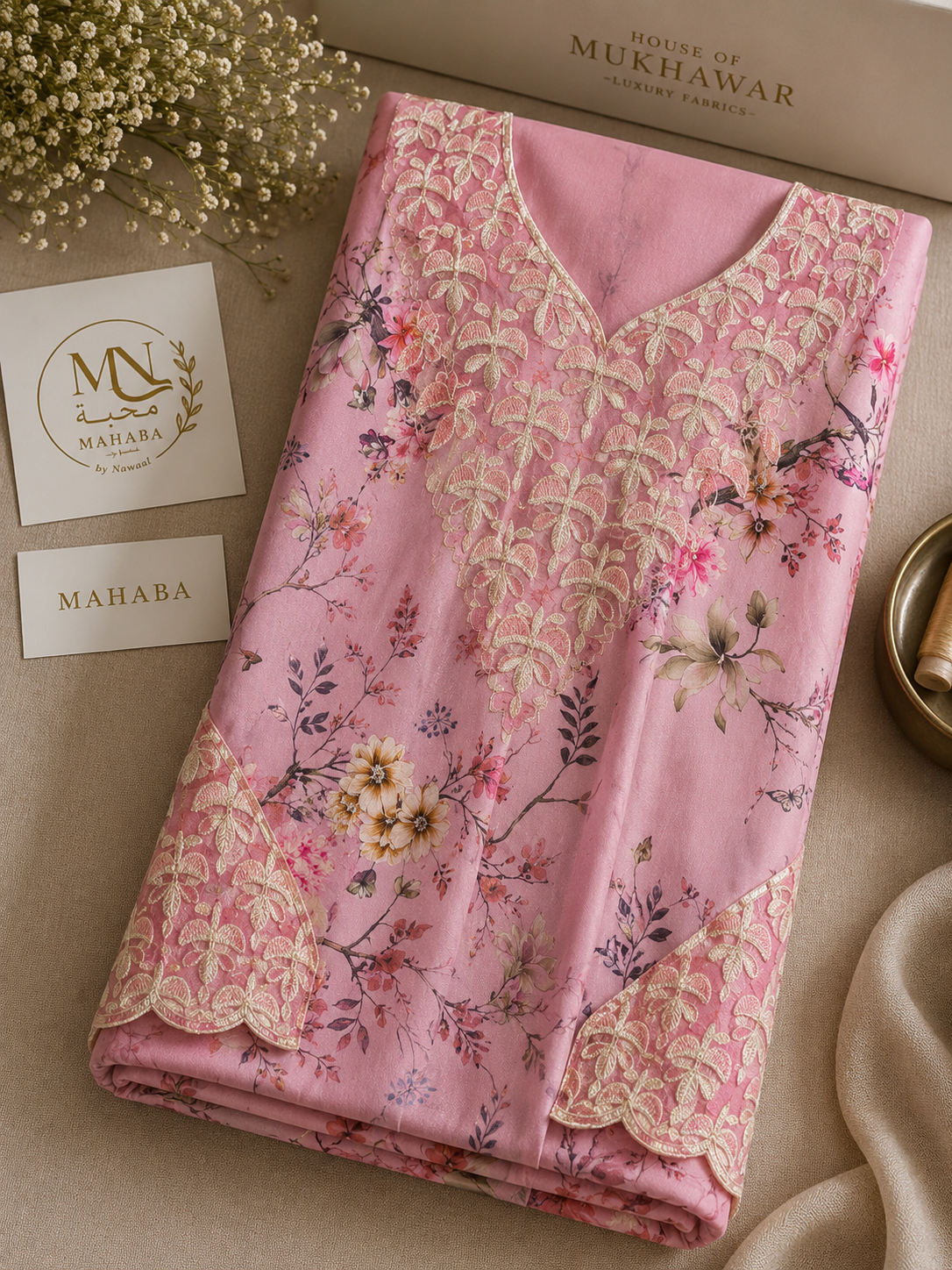 Unstitched Pink Floral Embroidered Harir Mukhawar
