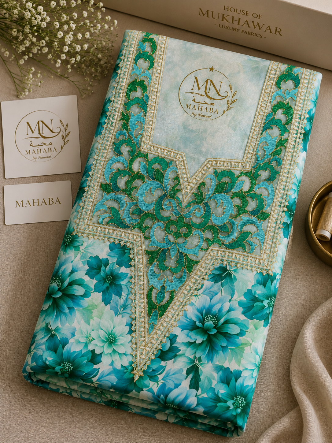 Unstitched Turquoise Floral Embroidered Harir Mukhawar