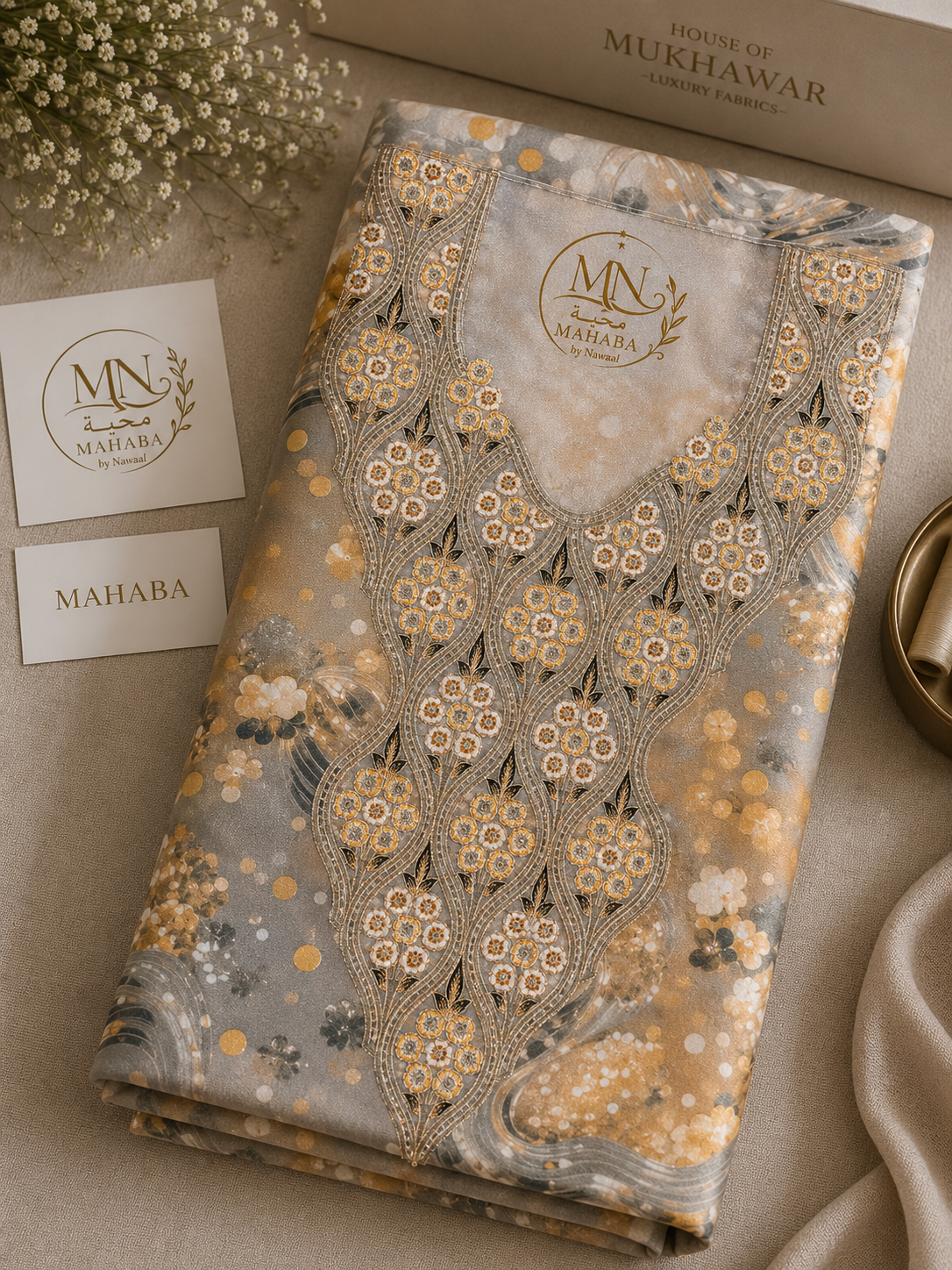 Unstitched Grey & Gold Embroidered Harir Mukhawar