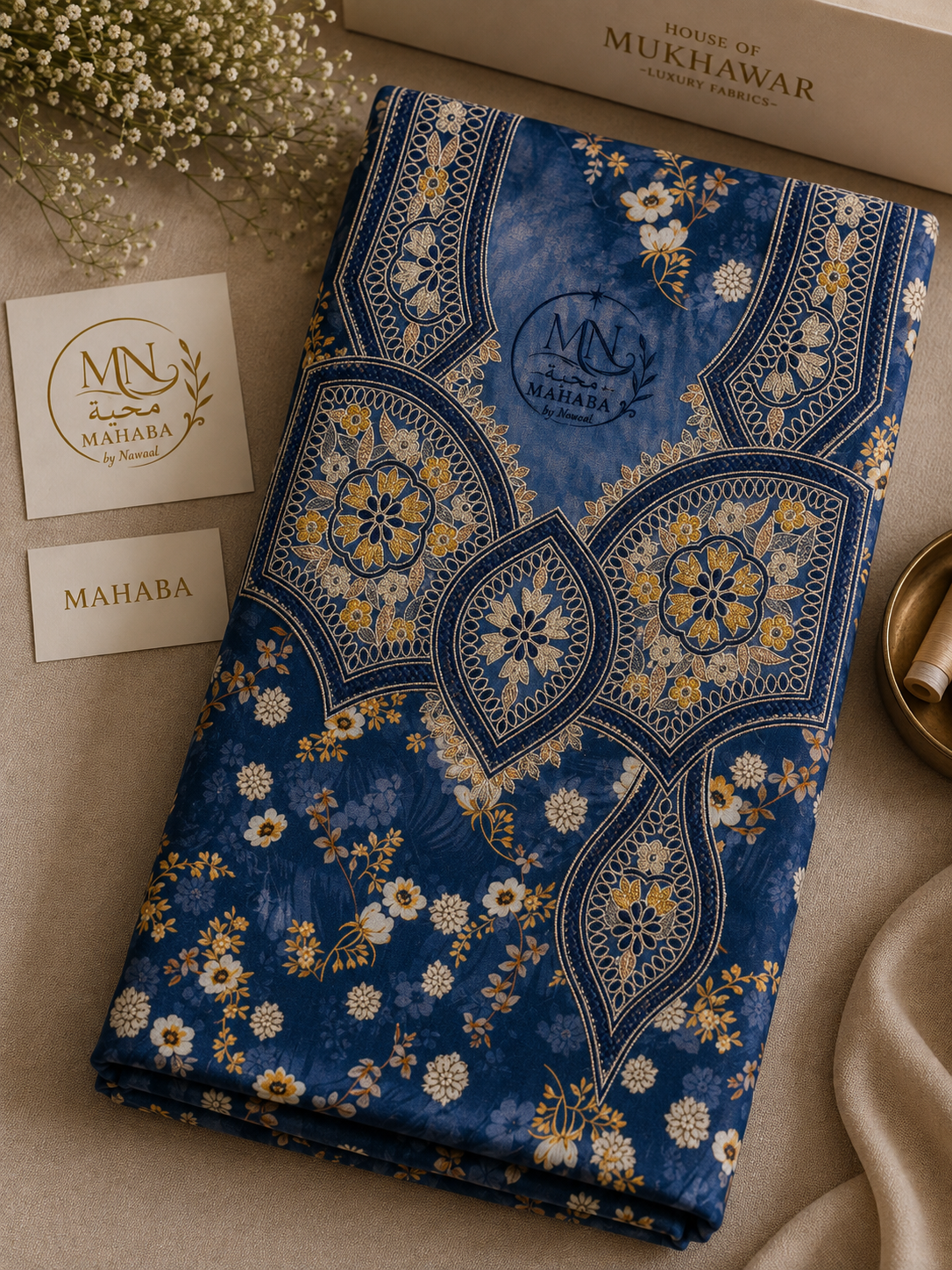 Navy Blue Floral Unstitched Jacquard Mukhawar