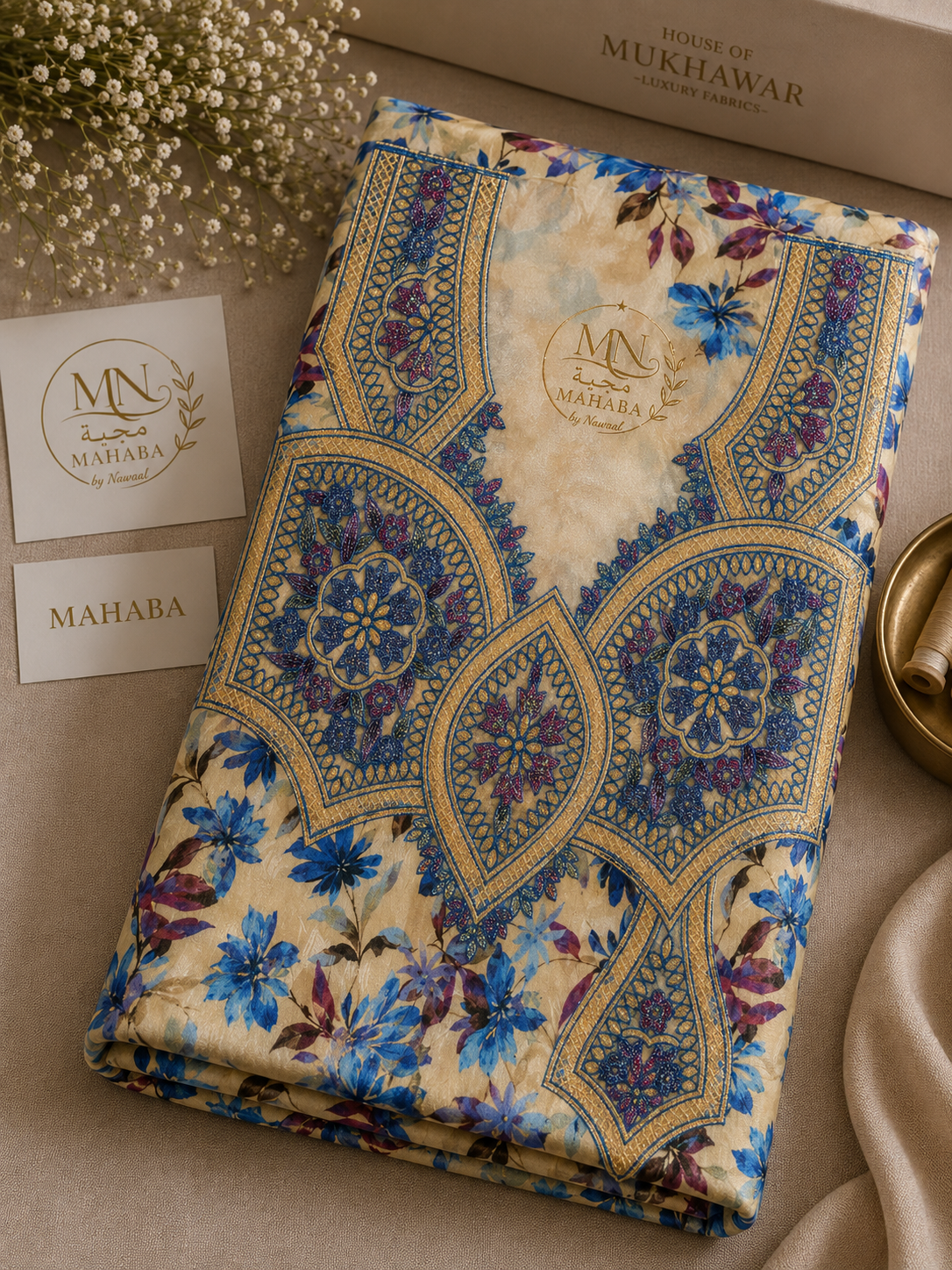 Blue Floral Unstitched Jacquard Mukhawar