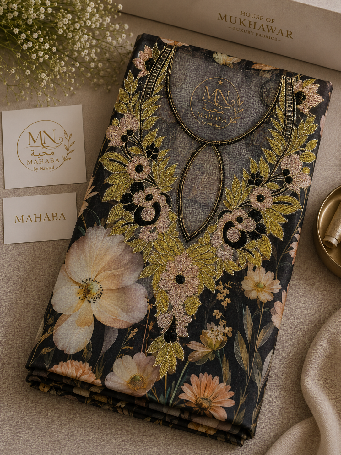 Black Floral Unstitched Jacquard Mukhawar
