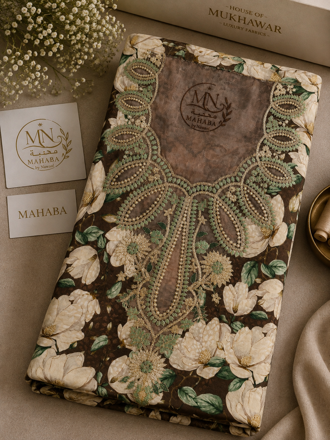 Brown Floral Unstitched Jacquard Mukhawar