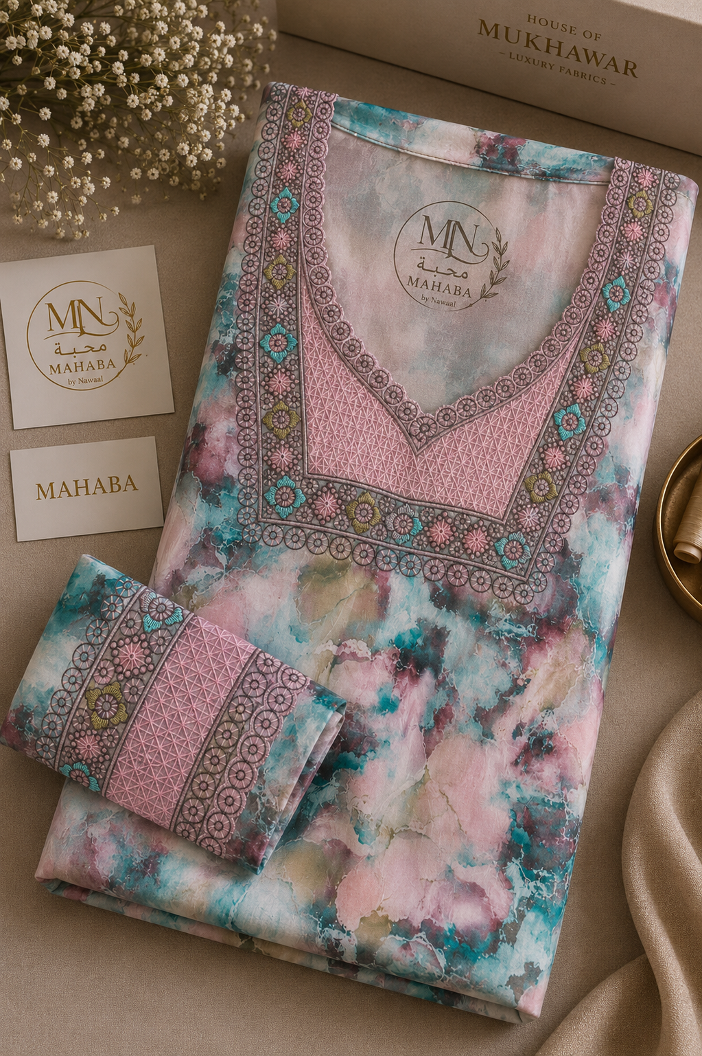 Pastel Pink & Turquoise Unstitched Jacquard Mukhawar