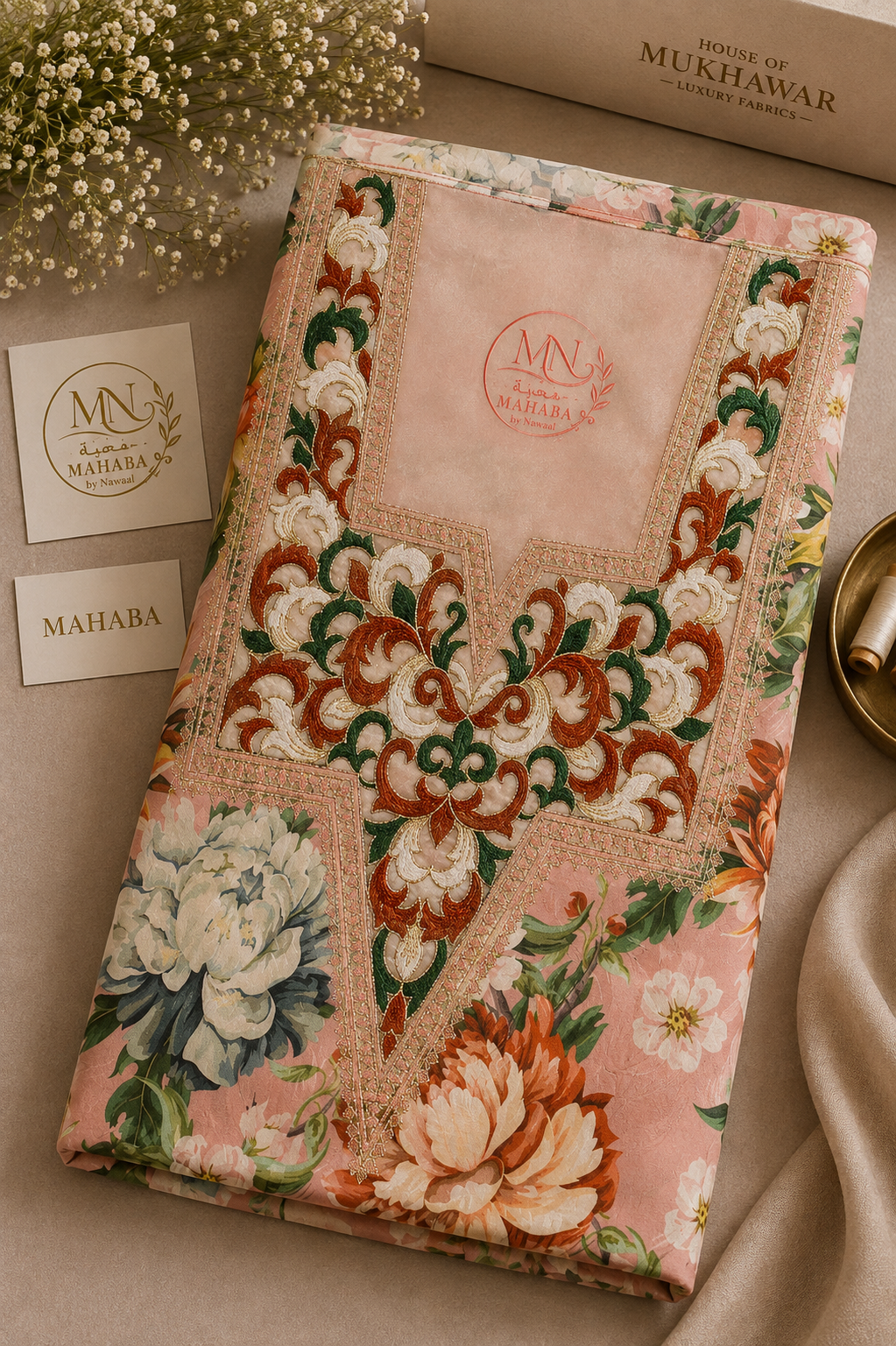 Pink Floral Unstitched Jacquard Mukhawar