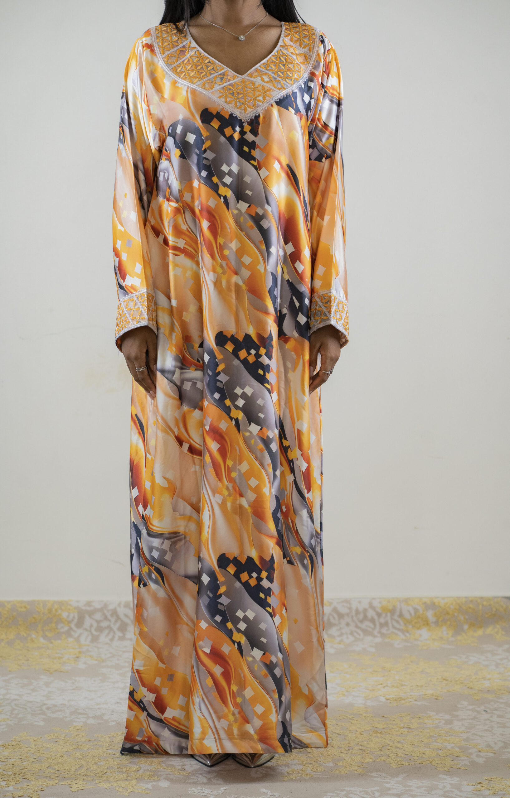 Orange and grey abstract printed Harir Mukhawar with embroidered V-neckline and cuffs